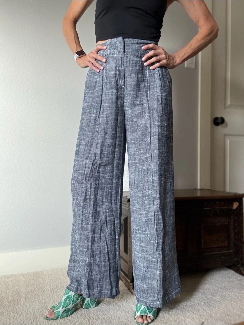 Zara Wide-Leg High-Waist Gray Linen Blend Pants sz XS
